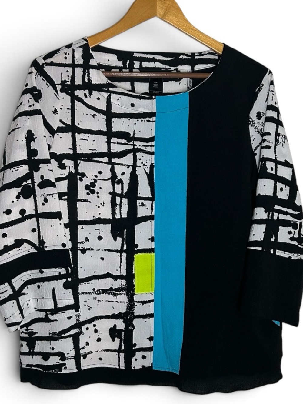 NWOT Ali Miles Textured Abstract Blouse In Blue/White & Black Size PM
